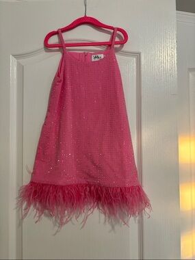 hot pink Pink Sequin Feather Hem Mini Dress